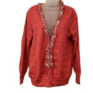 Banana Republic Pink Ruffle Cardy Cardigan Sweater Striped XL